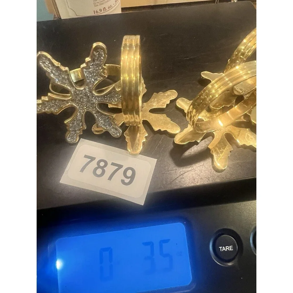 4 Christmas Napkin Rings Snowflake Gold Glitter Metal Holders table decor set